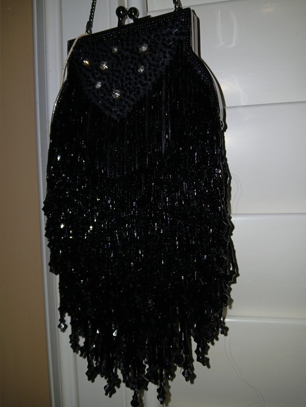Jessica McClintock Black Beaded Fringe Kiss-Lock Purse
